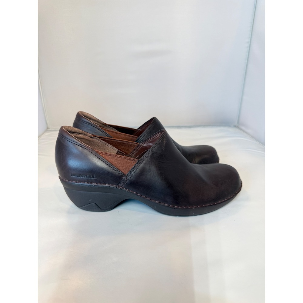 Merrell Emma Brunette Dark Brown Leather Slip On Wedge Clogs Womens 10